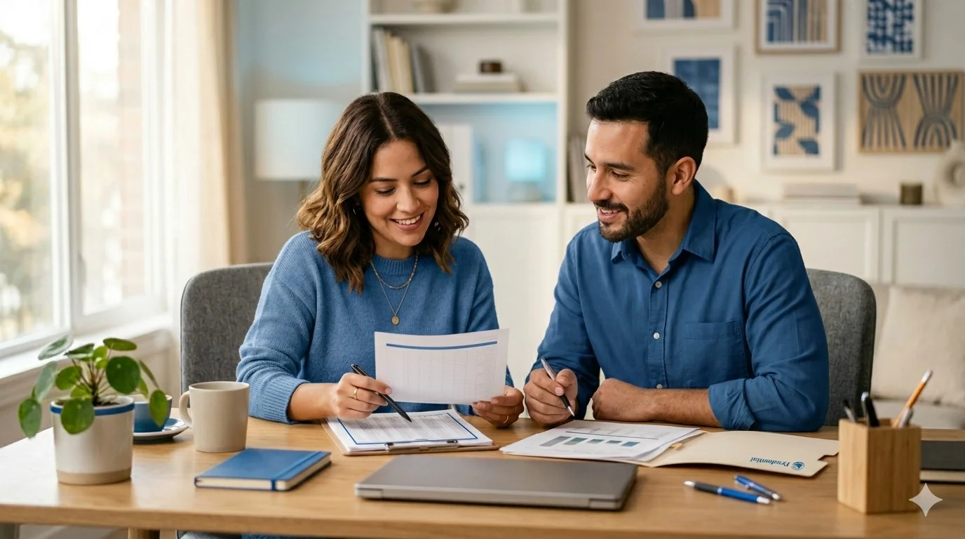 Pareja planeando sus metas de ahorro en casa